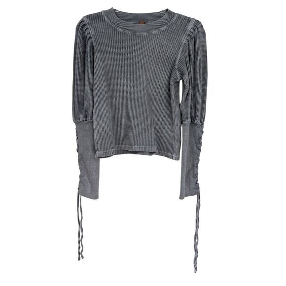 Free People Womens Small Top Gray Tasha Waffle Knit Tie Sleeve Thermal Grunge - Picture 1 of 10